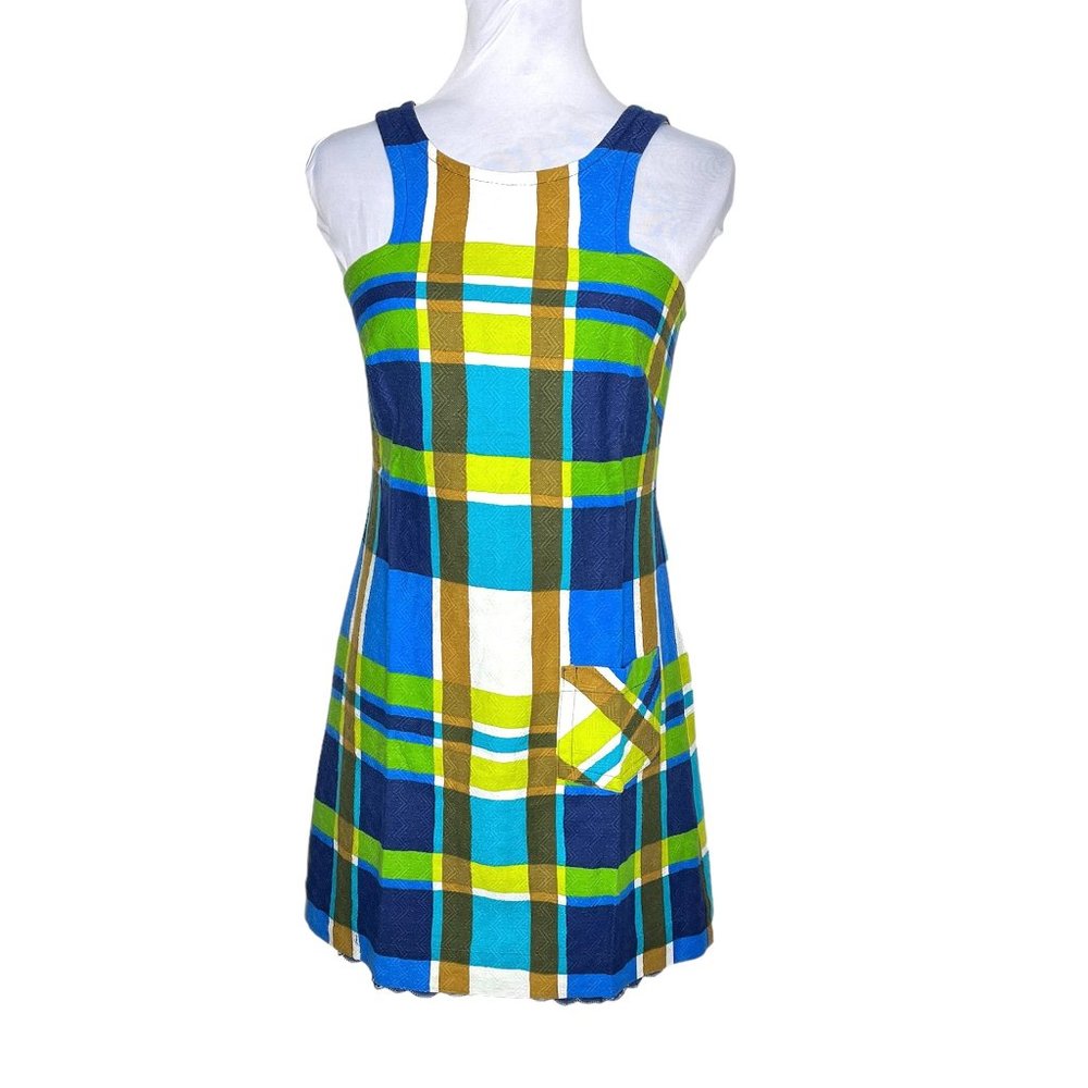 Trina Turk Blue Green White Plaid Mini Overall Dress Sz 2